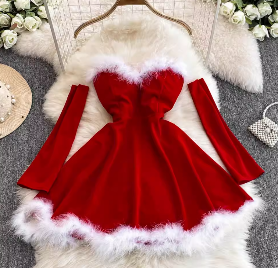 Women's Christmas dress, sexy low-cut waist-slimming, long-swing fur suspender tube top dress R0356