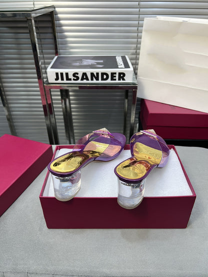 Heeled Sandals 6cm with Crystal Square Buckle Gold and Purple
