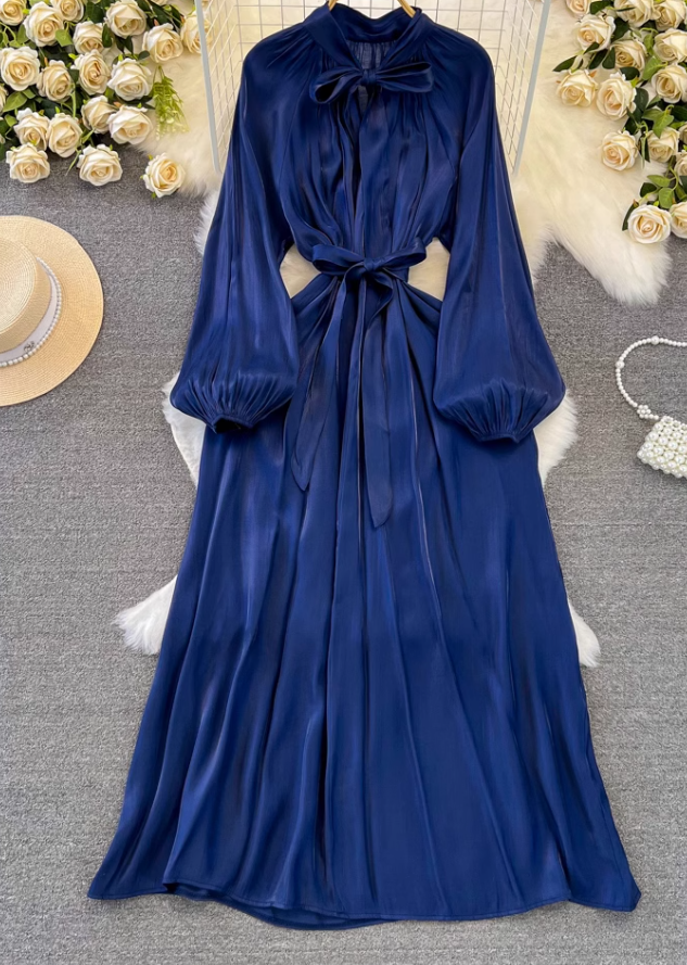 High-class lady temperament long-sleeved bow tie waist slimming A-line shiny sequin dress R0388
