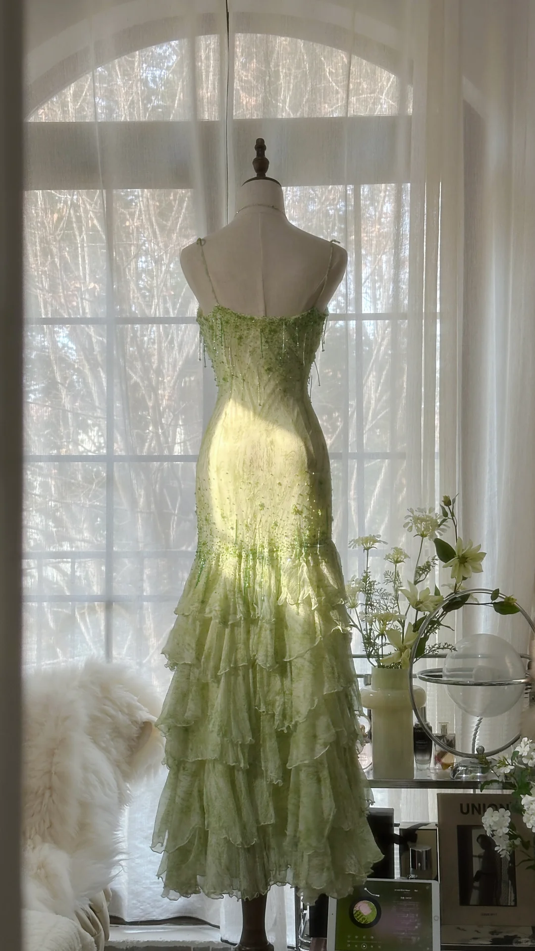 Elegant Green Fairy Mermaid Long Chiffon Spaghetti Strap Evening Dress Prom Dresses D1496