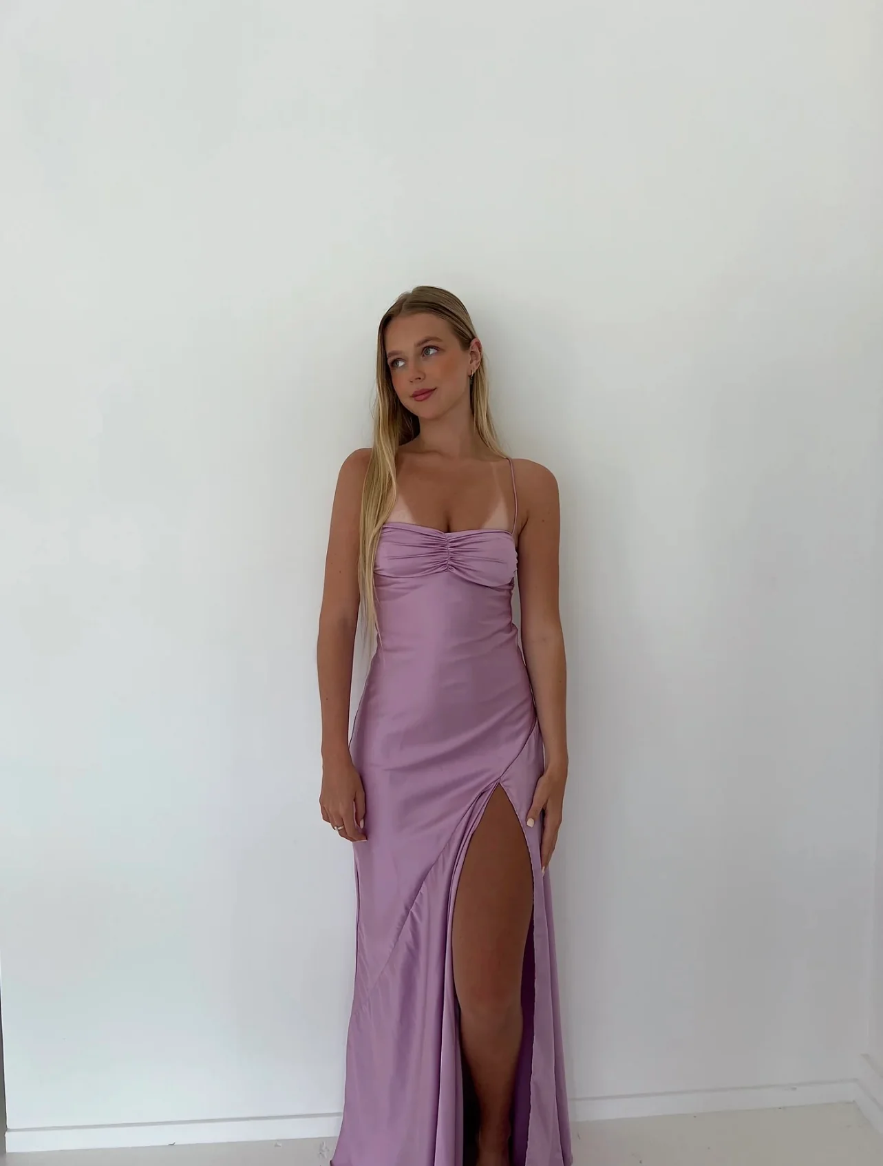 Spaghetti Straps Yellow Long Sheath Prom Dress With Slit MD7581