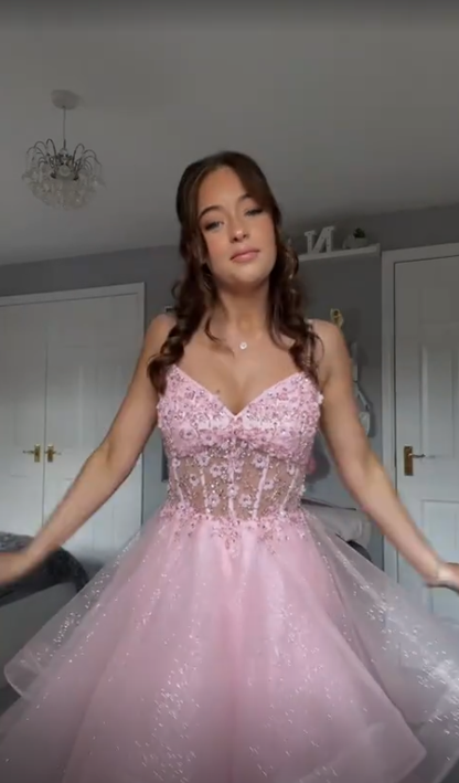 A Line Pink Tulle Long Prom Dresses      S6993