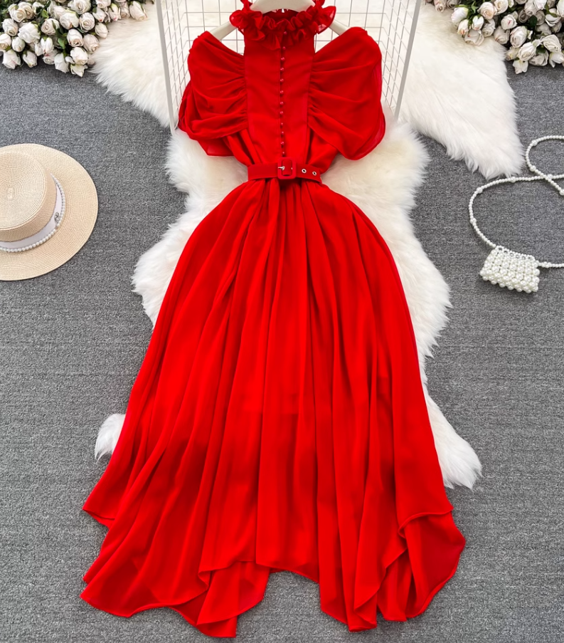 Light luxury temperament stand-up collar off-shoulder pleated waist A-line chiffon dress elegant long skirt R0374