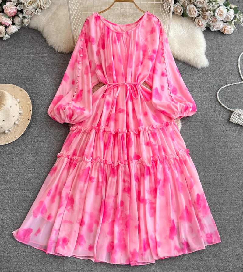 Gentle style lady temperament long sleeve low round neck waist medium length A-line printed dress R0392