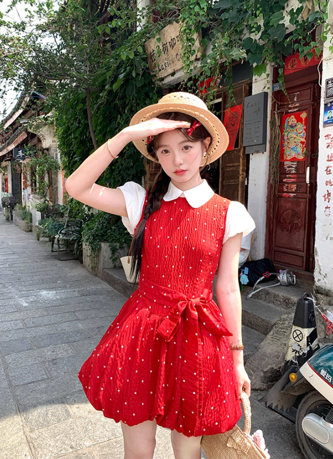 Red doll collar polka dot short-sleeved dress women's summer temperament skirt R4620
