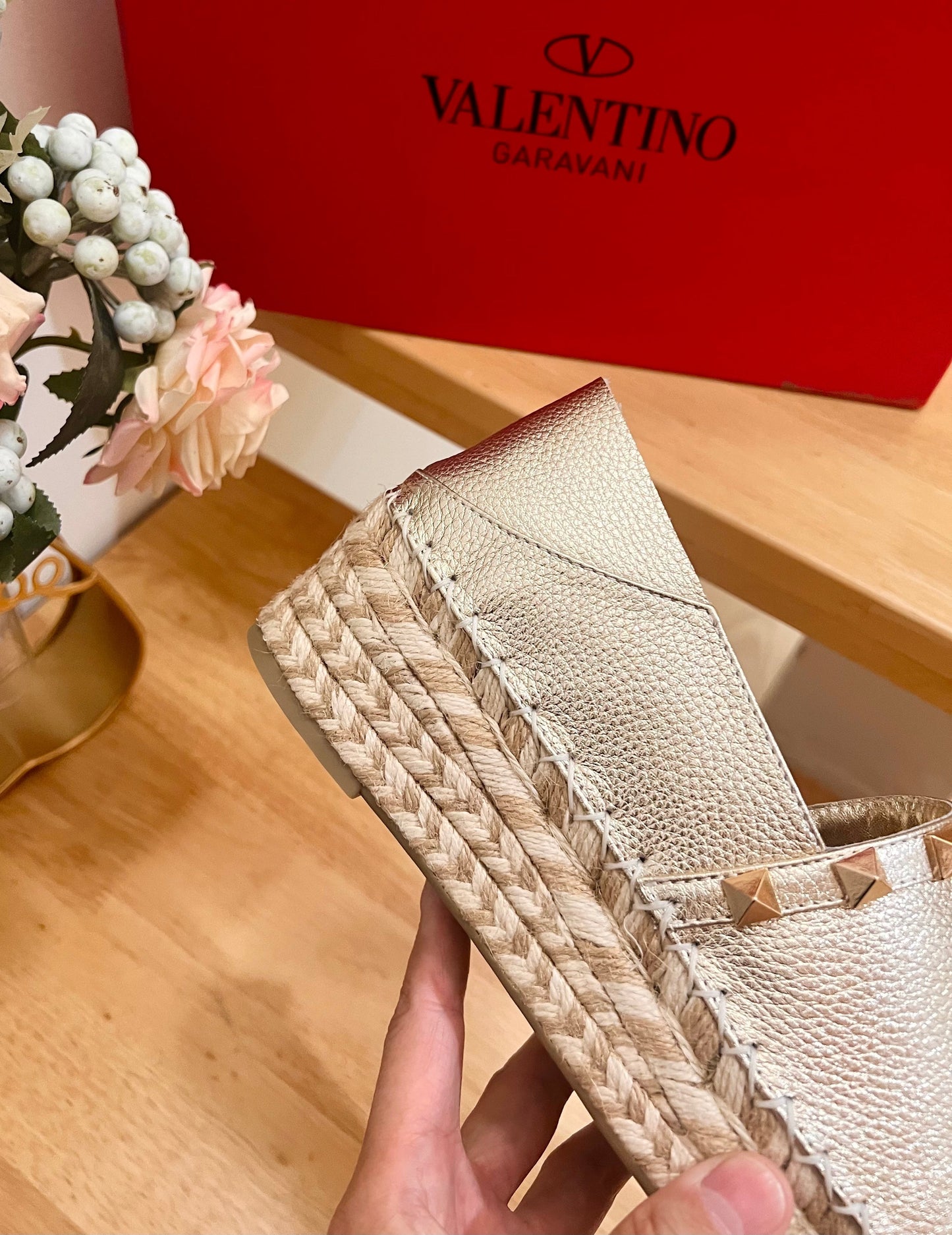 Valentino Rockstud Embellished Slip On Espadrille Silver Cowhide 240571
