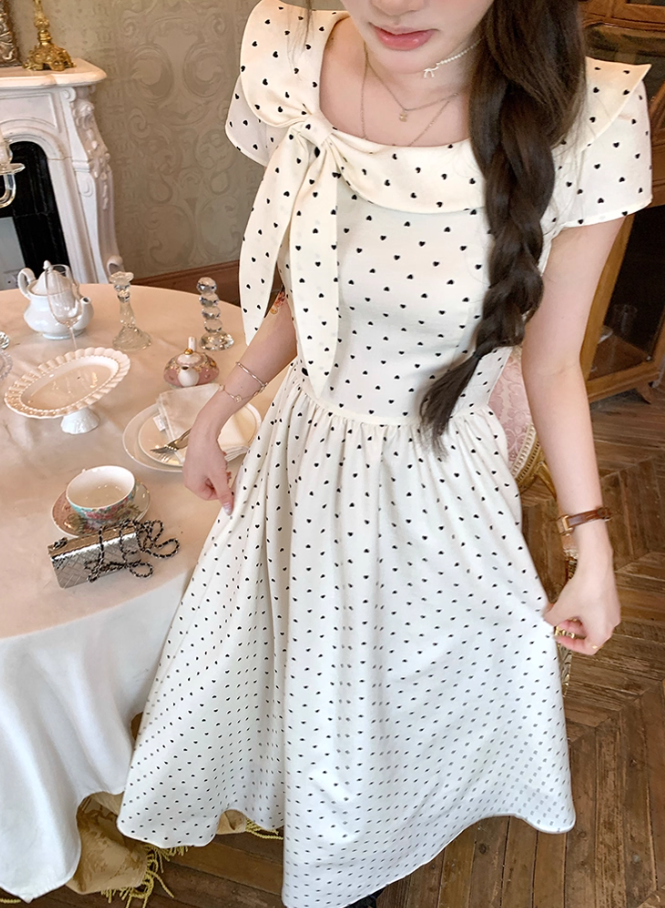 Long waist polka dot short-sleeved dress for women summer French retro temperament skirt R4626