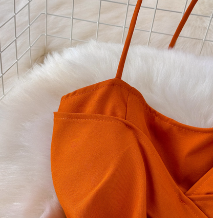 Summer sling holiday style gradient orange tie-dyed skirt knot design niche long skirt two-piece set R0321