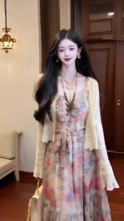 Retro floral suspender dress gentle temperament waist A-line long skirt R0785