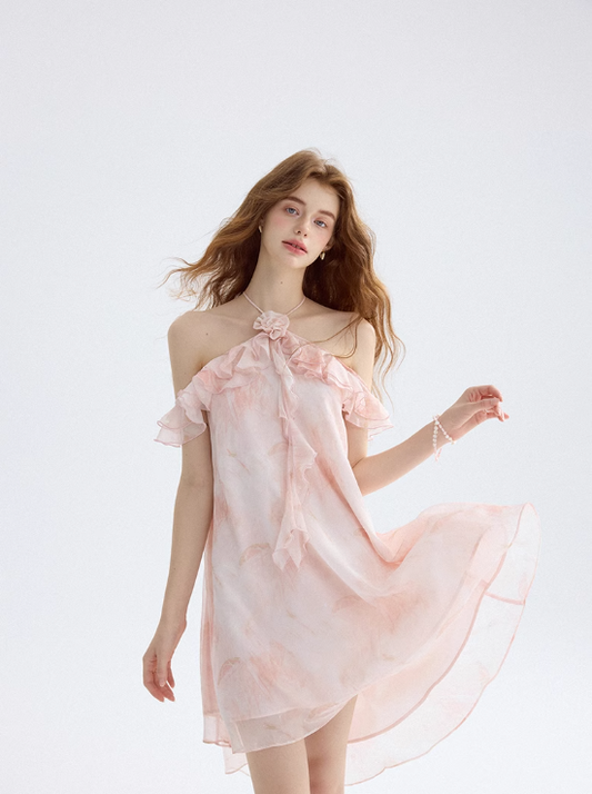 Morning Dew Garden Halter Neck Dress Ruffled Suspender Skirt Holiday Outfit Short Skirt Women Summer R3423