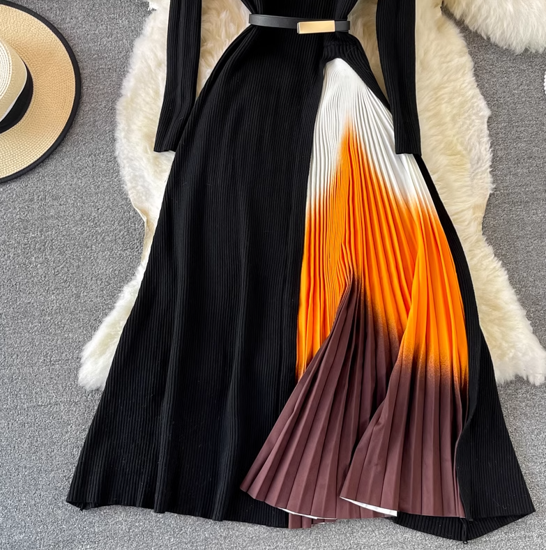 Temperament black long-sleeved fake two-piece knitted pleated dress 2025 elegant long skirt R0366