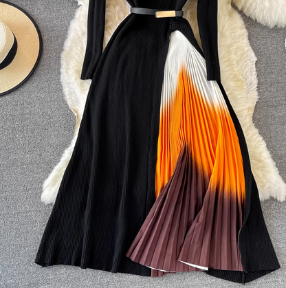 Temperament black long-sleeved fake two-piece knitted pleated dress 2025 elegant long skirt R0366