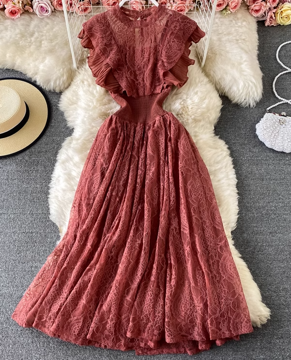 Lace round neck dress long sleeves fashionable slim fit elegant ruffled long skirt dress skirt R0396