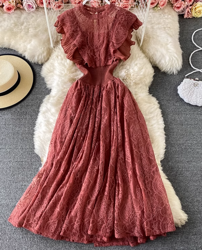 Lace round neck dress long sleeves fashionable slim fit elegant ruffled long skirt dress skirt R0396