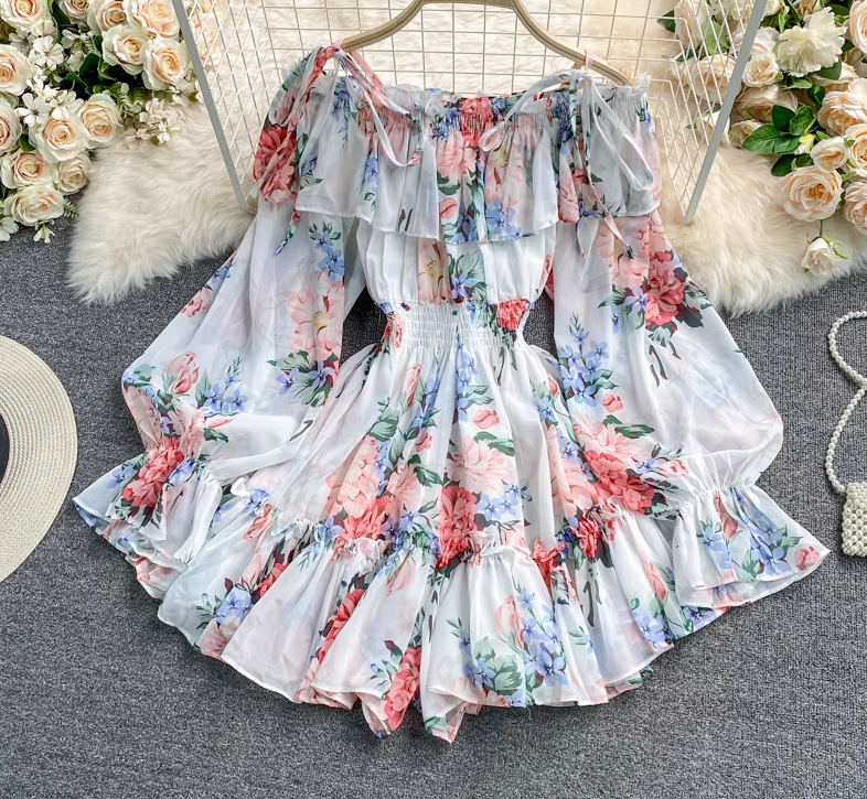 Holiday one-shoulder off-shoulder printed chiffon jumpsuit skirt super fairy wide-leg pants jumpsuit R0380
