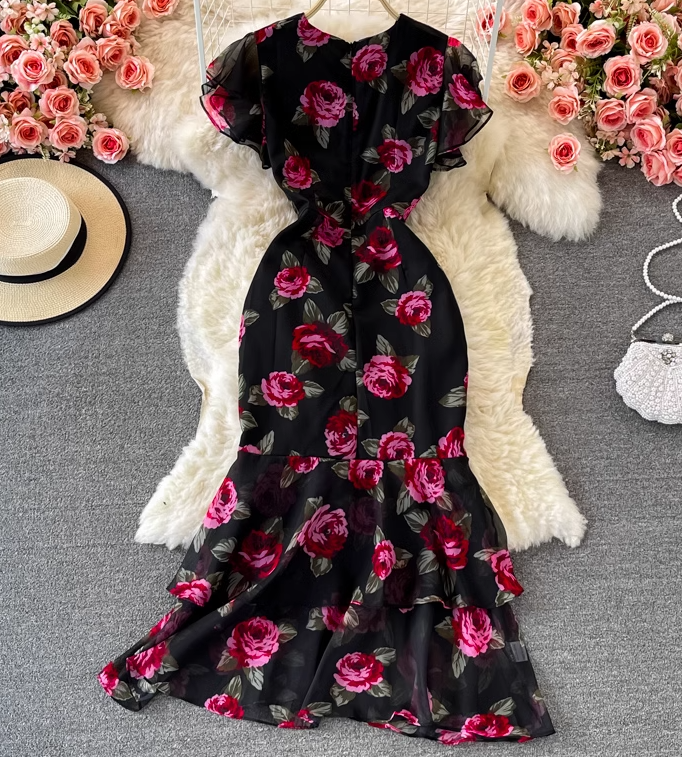 Ruffled waist slimming temperament lady V-neck hip fishtail chiffon dress fashionable dress skirt R0370