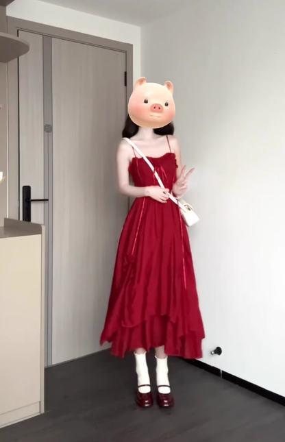 French retro red three-dimensional flower sling dress seaside holiday waist temperament long skirt R0428