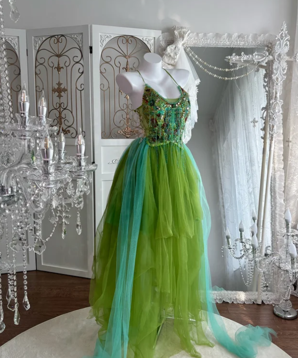 A Line Green Tulle Prom Party Dress Evening Dress Birthday Dress fg8644