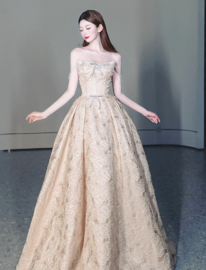 Champagne Strapless Prom Gown Lace Elegant Evening Dress
