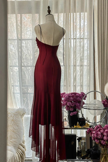 Wine Red High Low Chiffon Sweetheart Party Dress, Wine Red Chiffon Homecoming Dress