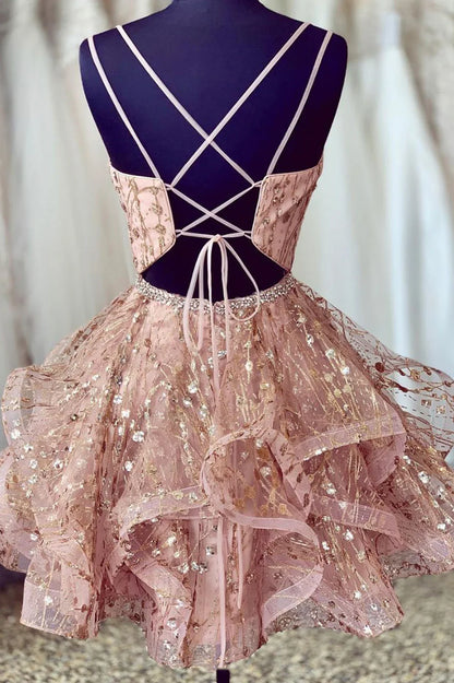 Chic Homecoming Dress V-Neck Tulle Sequins Short Prom Dress Back to School Outfits Party Dress  D6100