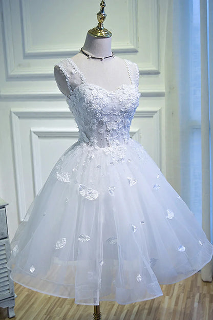 Simple Homecoming Dress Sheer Straps Tulle Applique Prom Dress Back to School Outfits Party Dress  D6111