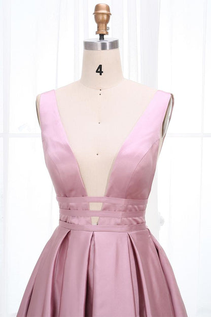 Simple V Neck Sleeveless Long Prom Dress, A Line Ruched Long Evening Dresses M1826