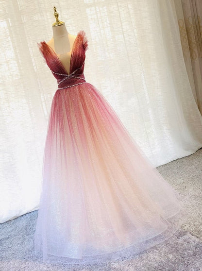 Newest Lace Up Back Burgundy V-neck A-line Long Beading Prom Dresses M1982