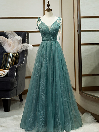Spaghetti Straps Tulle Modest A Line Evening Dress Long Prom Dress M5486