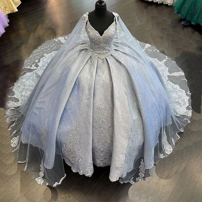 Beading Quinceanera Dresses Sequin Applique Princess Ball Gown With Cape Y1516