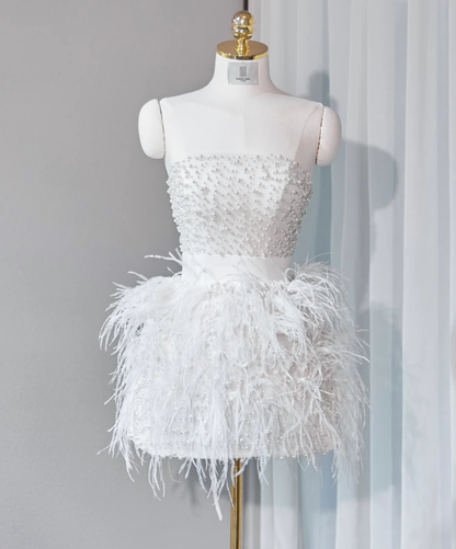 White pearl tube top waist feather design sexy short skirt homecoming dress R4202