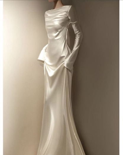 Elegant Ivory Long Sleeves Sheath Satin Long Formal Party Dress MD7575