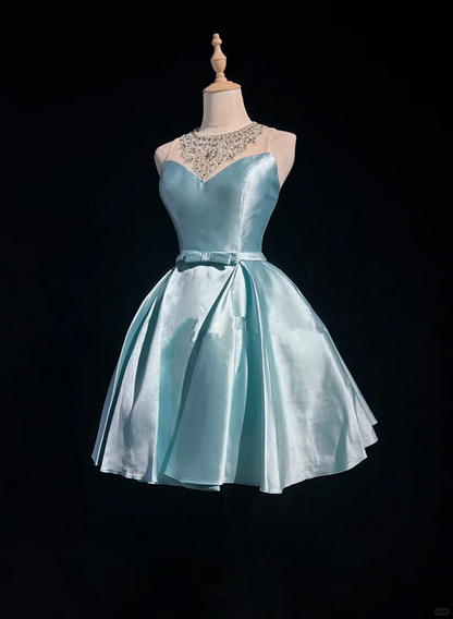 Lake blue round neck sheer diamond neckline waist slim fit princess short dress homecoming dress R4892