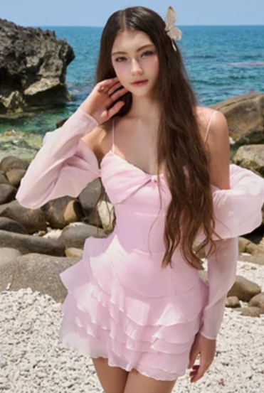 Pink suspenders slim waist sexy cute mini skirt homecoming dress R4565