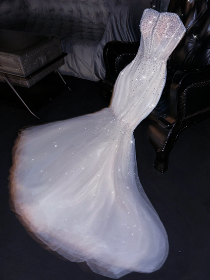 White halter-neck, fitted waist, bodycon skirt, sexy long ball gown, bridal dress R8781
