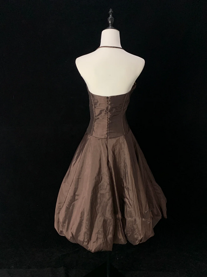 Gray-brown halter-neck fitted midi skirt ball gown R8692
