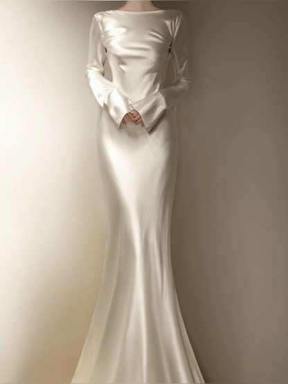 Elegant Ivory Long Sleeves Sheath Satin Long Formal Party Dress MD7575