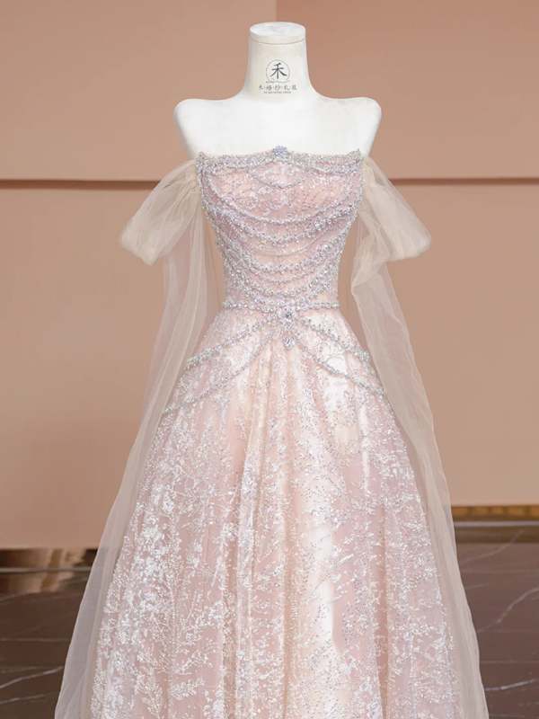 Light pink off-shoulder fitted waist long ball gown/bridal dress R8295