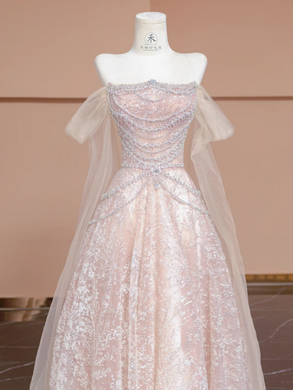 Light pink off-shoulder fitted waist long ball gown/bridal dress R8295