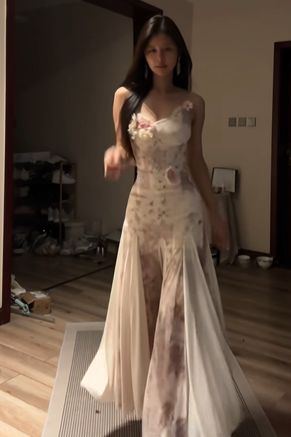 White dress with pink floral print, halter neck, fitted waist, bodycon fishtail skirt, ball gown R8094