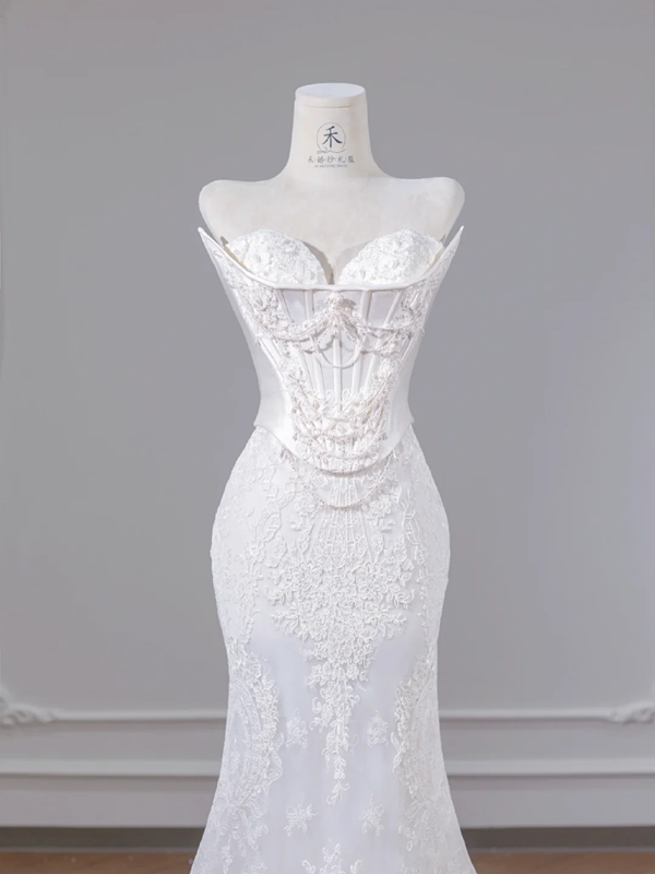 White strapless fishtail bodice, sexy bodycon skirt, long ball gown R8265