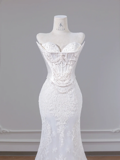 White strapless fishtail bodice, sexy bodycon skirt, long ball gown R8265