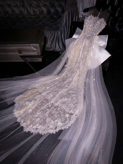 Silver, rhinestone-embellished, sleeveless, fitted, sexy long ball gown/bridal dress R8751