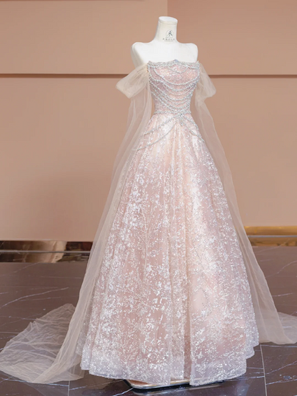 Light pink off-shoulder fitted waist long ball gown/bridal dress R8295