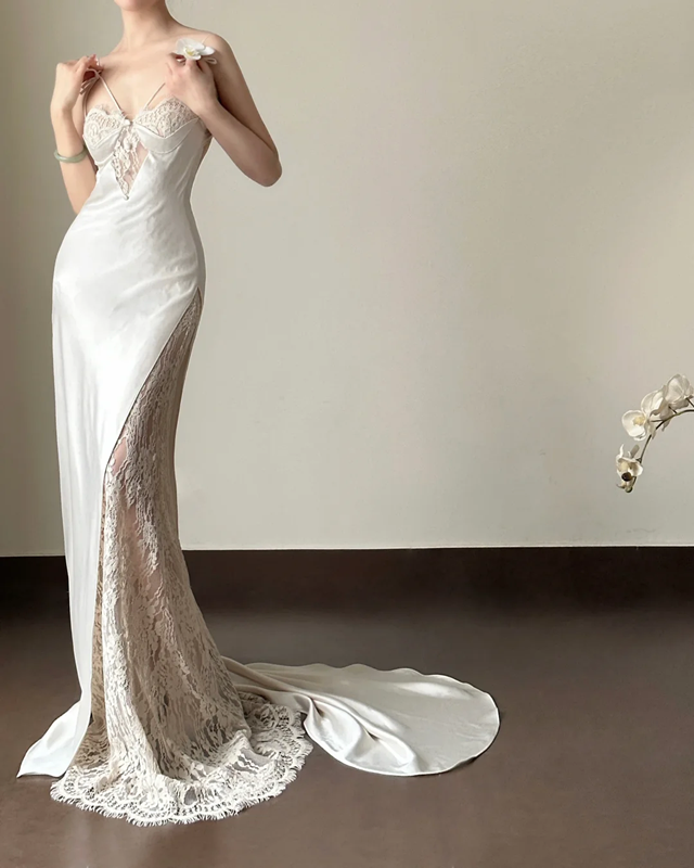 White spaghetti-strap cutout waist-cinched slim-fit backless sexy long prom gown R8010
