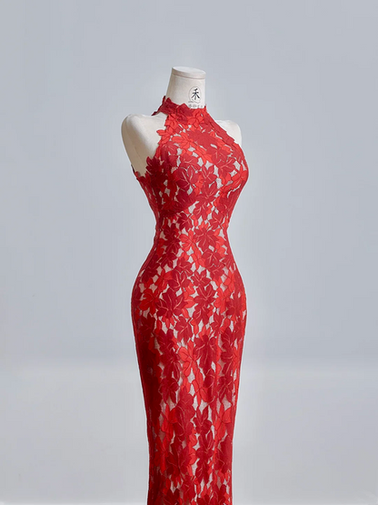Red Chinese-style cheongsam with classic floral print, fitted waist and hip-hugging bodycon dress, ball gown, bridal gown R8209