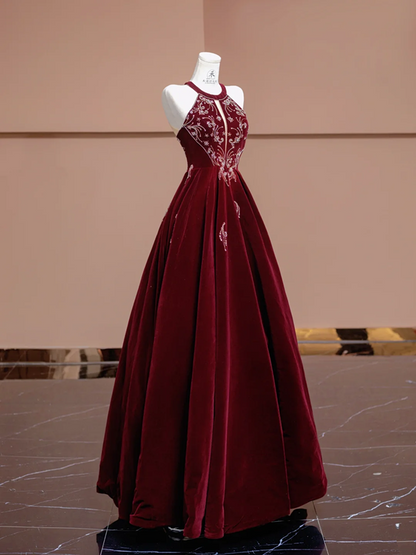 Red halter-neck, fitted waist, full skirt, long ball gown, bridal dress R8352