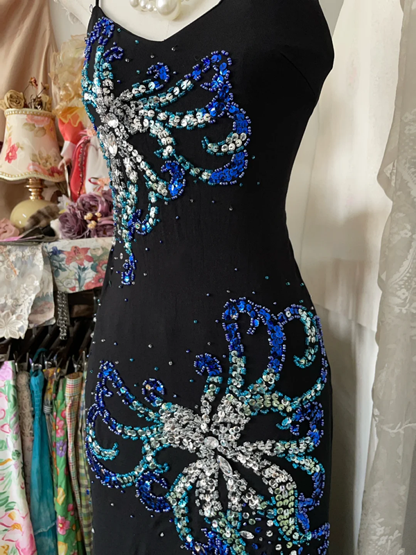 Black suspender sequined waist slim fishtail elegant long skirt ball gown R6145