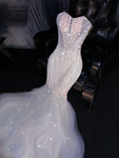 White halter-neck, fitted waist, bodycon skirt, sexy long ball gown, bridal dress R8781