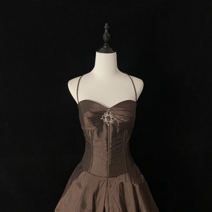 Gray-brown halter-neck fitted midi skirt ball gown R8692